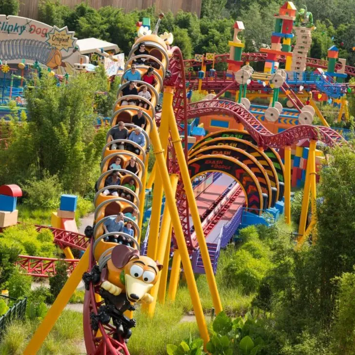 Square aerial photo of Slinky Dog Dash at Hollywood Studios.