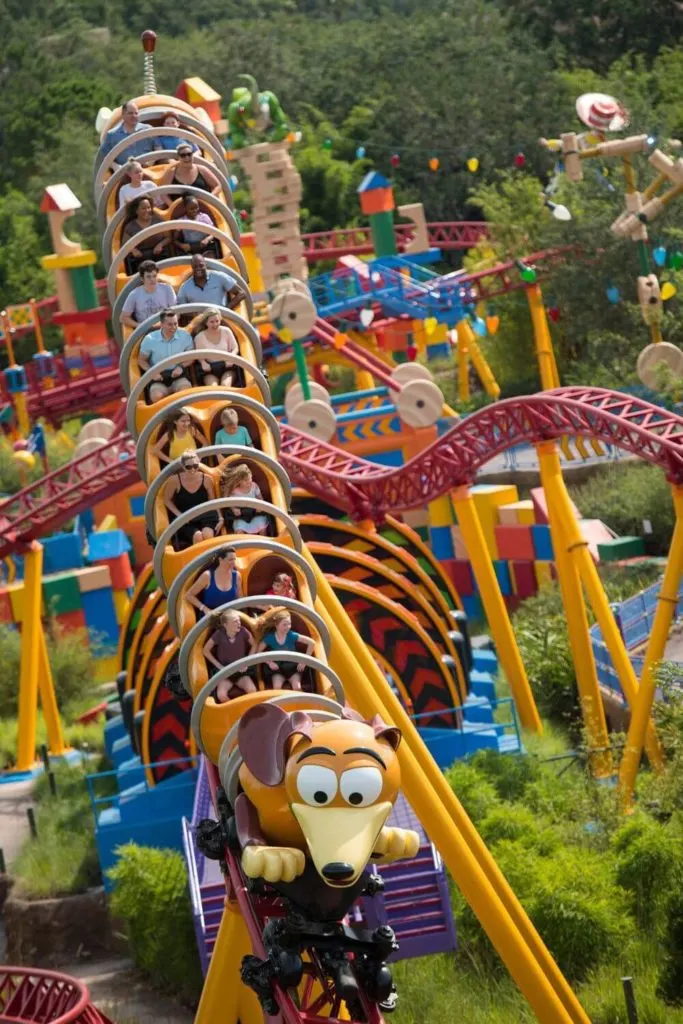Vertical aerial photo of Slinky Dog Dash at Toy Story Land in Hollywood Studios.