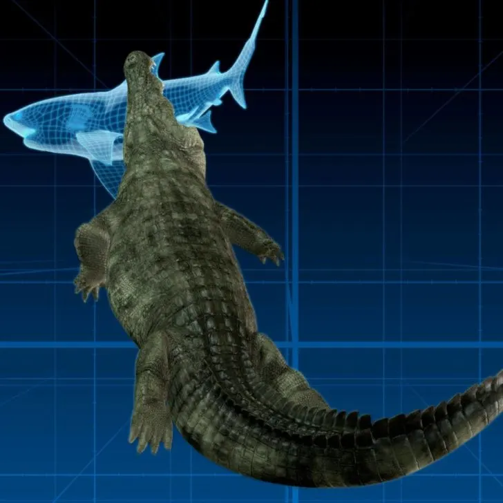 Graphic of a crocodile with a rader-imaging render of a shark in its mouth.