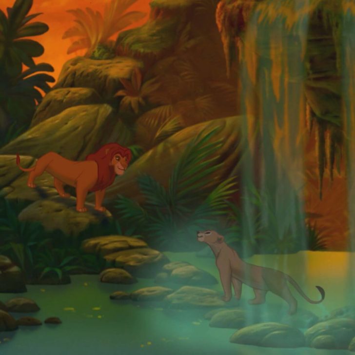 Photo still of Simba and Nala as adults in The Lion King.