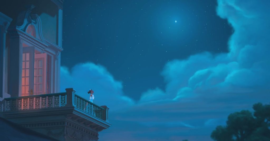 Photo still from The Princess & the Frog, featured in the Zenimation episode "Night," with Princess Tiana looking out at the stars from a balcony while wearing a light blue gown.