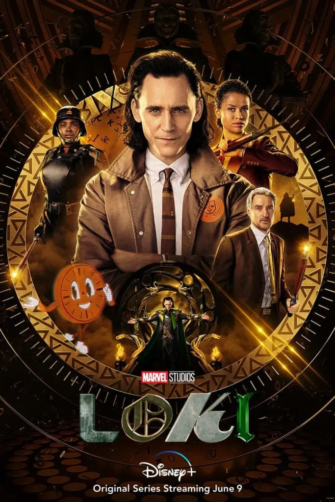 Promotional poster for the Marvel Studios Disney+ show, Loki, featuring the main cast: Loki, Miss Minutes, Mobius, Hunter B-15, and Ravonna Renslayer.