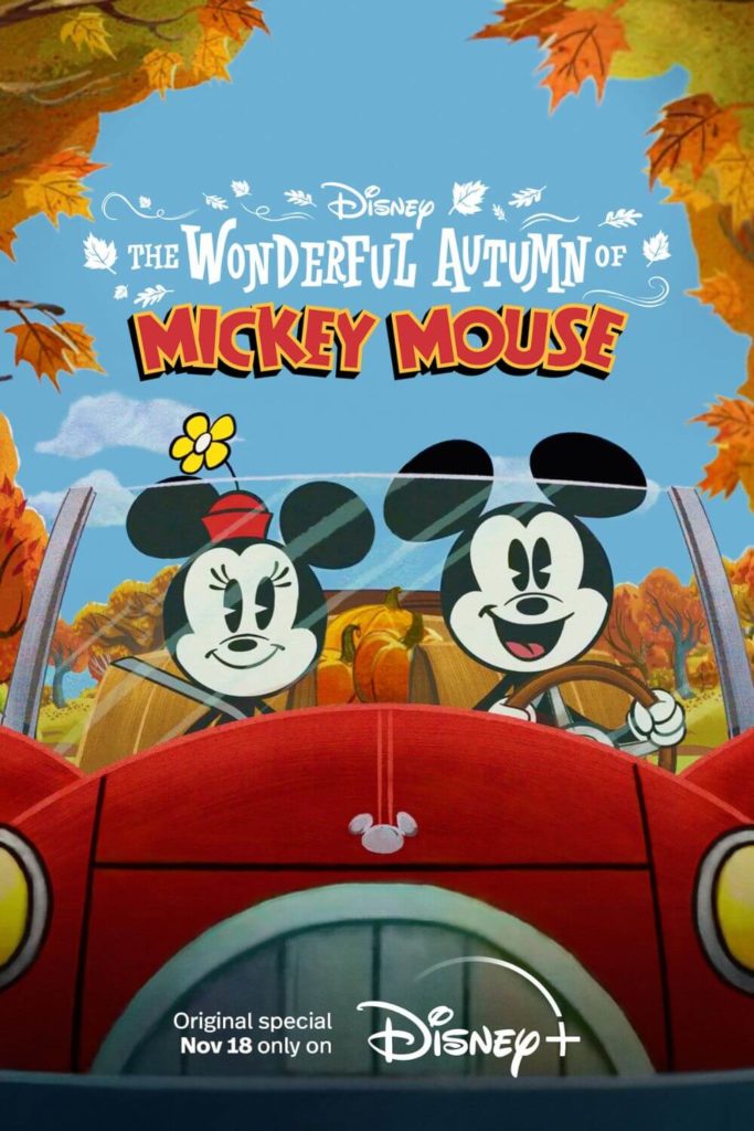 Promotional poster for the short film, The Wonderful Autumn of Mickey Mouse, with Mickey and Minnie in a red convertible and Fall leaves all around.