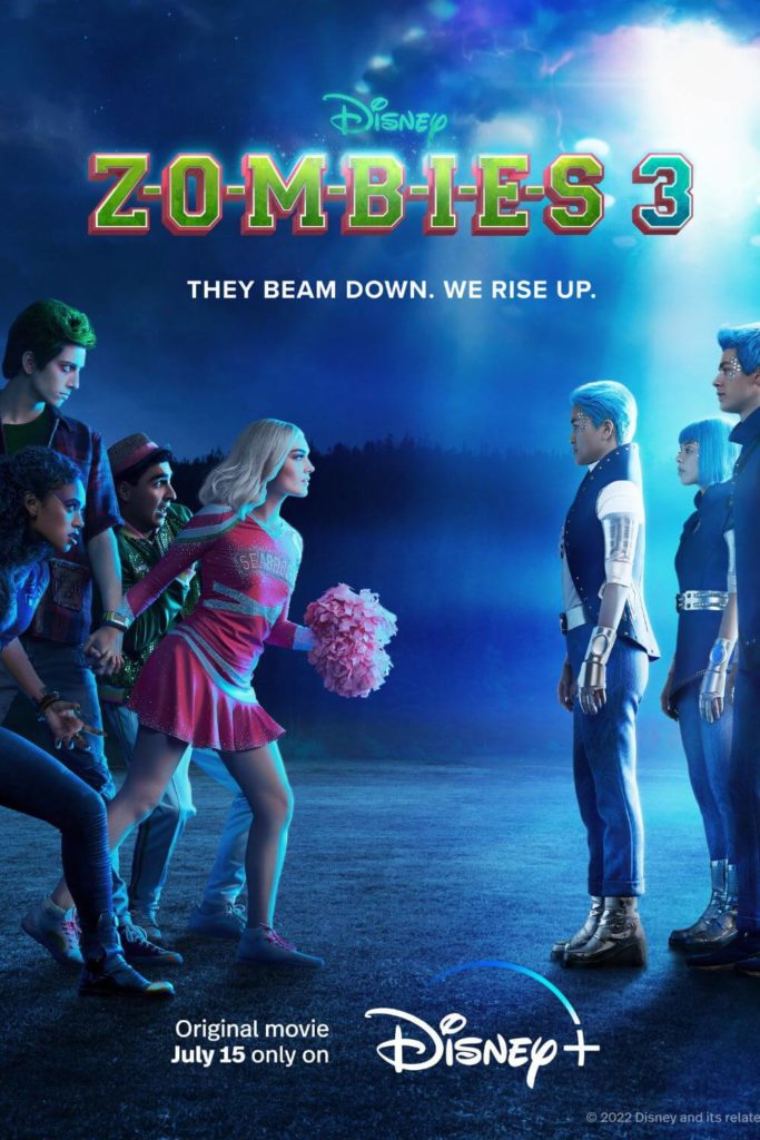 Promotional poster for Disney's Z-O-M-B-I-E-S 3 with students from Seabrook on the left and students from space on the right.