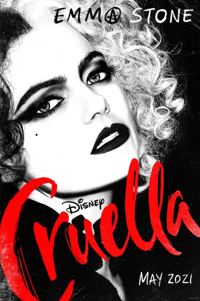 Promotional poster for the 2021 film, Cruella, with the main star, Emma Stone posing with her head tilted back.