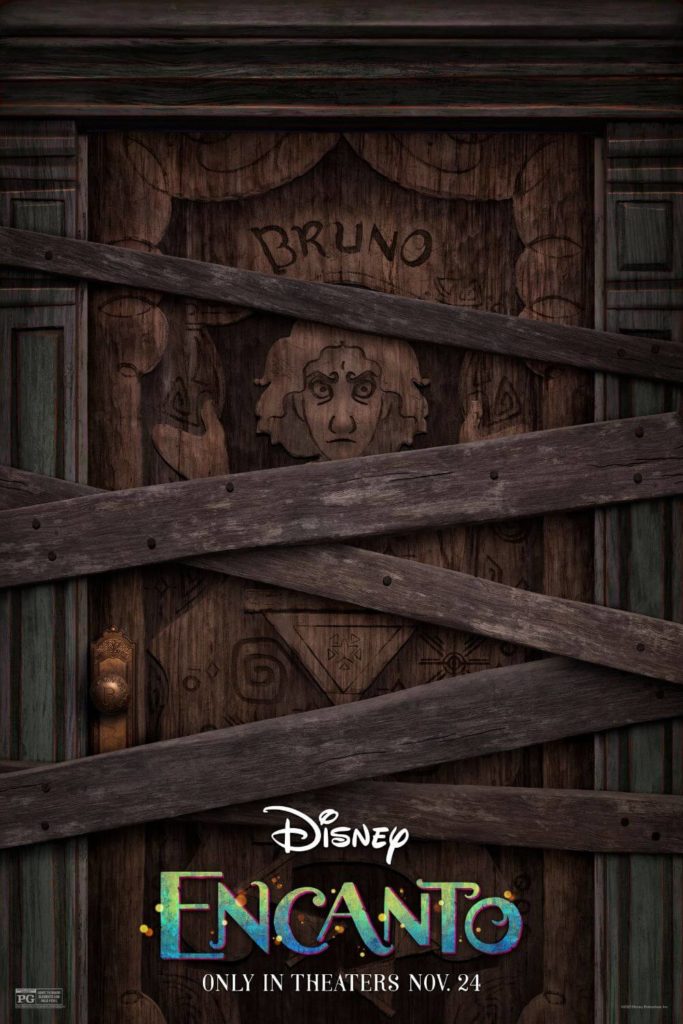 Promotional poster for Disney's Encanto with a wooden door with Bruno carved into it.