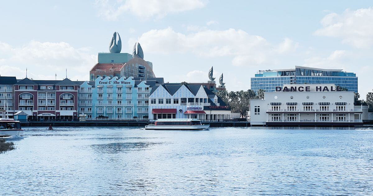 Photo of Disney's BoardWalk from across the lagoon.