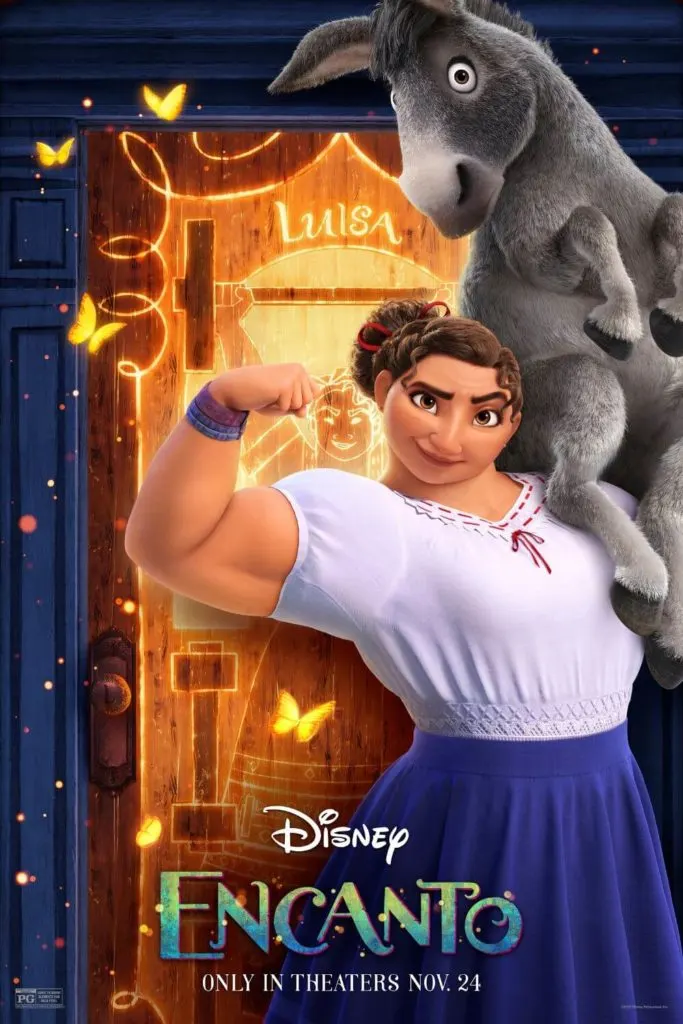 Promotional poster for Disney's Encanto with a photo of Luisa with a donky hoisted on her shoulder.