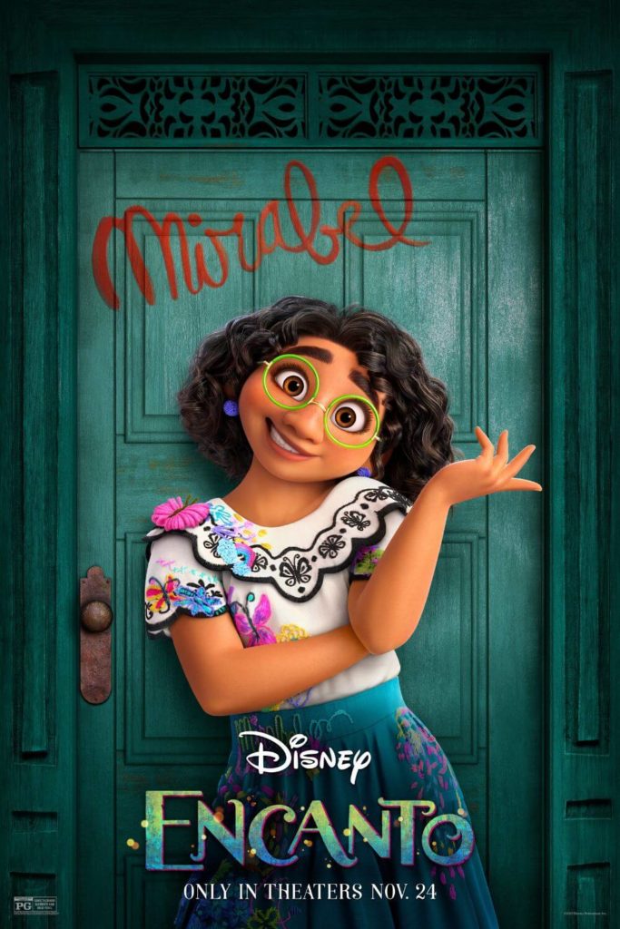 Promotional poster for Disney's Encanto with a photo of Mirabel in front of her door at the casita.