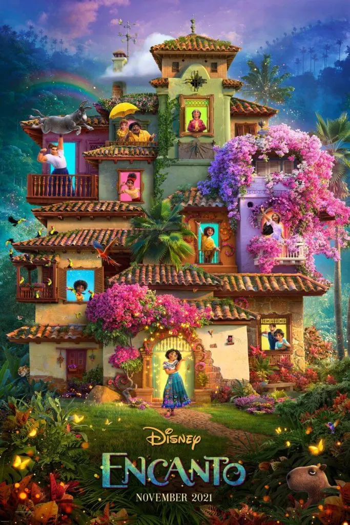 Promotional poster for Disney's Encanto with a photo of the Madrigal family home with the hills of Colombia in the background.