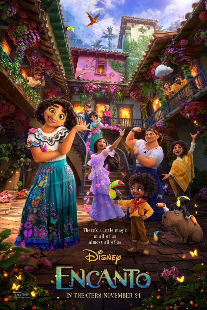 Promotional poster for Disney's Encanto with a photo of the characters posing in the courtyard of the Madrigal family home.