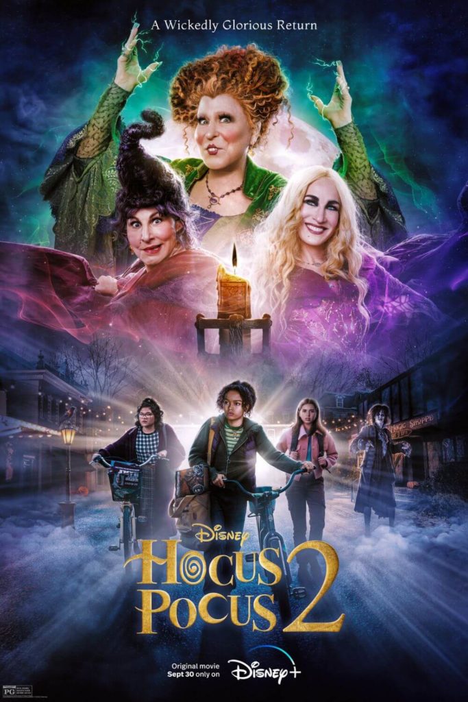 Promotional poster for the Disney+ original film, Hocus Pocus 2 with all the main characters, such as the Sanderson Sisters.