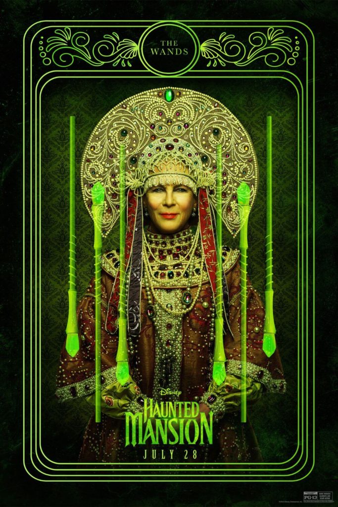 Tarot card styled promotional poster for Disney's 2023 film, Haunted Mansion, featuring Jamie Lee Curtis as Madame Leota.