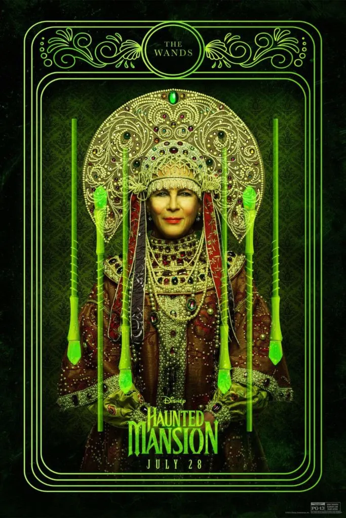 Tarot card styled promotional poster for Disney's 2023 film, Haunted Mansion, featuring Jamie Lee Curtis as Madame Leota.