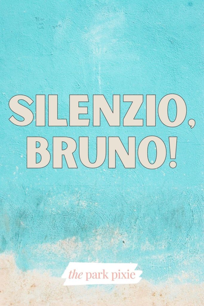 Graphic with a light aqua and sand colored textured background. Text in the middle reads: Silenzio, Bruno!, a popular quote from the Pixar film, Luca.