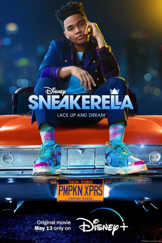 Promotional poster for the Disney+ original film, Sneakerella, with the main character, El, sitting on a classic car.