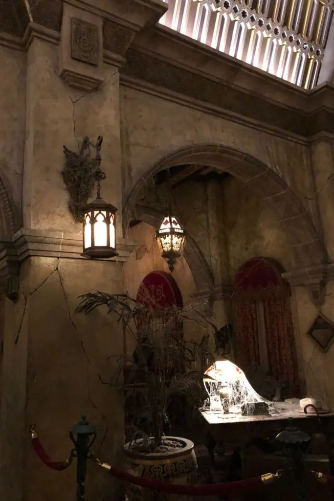 Photo of an abandoned, cobwebbed desk inside the Hollywood Tower Hotel at Hollywood Studios.