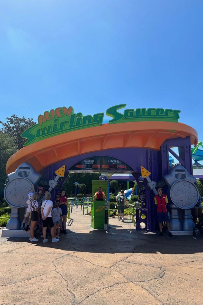 Photo of the entrance for Alien Swirling Saucers at Hollywood Studios' Toy Story Land.