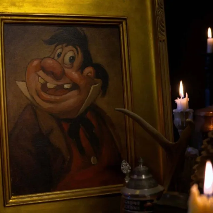 Photo of a LeFou portrait at the Beauty and the Beast Sing-Along in the France pavilion at Epcot.