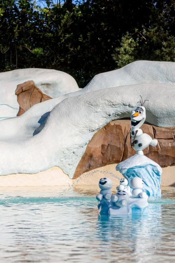 Photo of Olaf and snow buddies at Tikes Peak at Disney's Blizzard Beach.