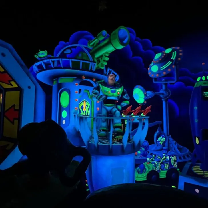 Photo of Buzz Lightyear in the Space Ranger Spin ride.