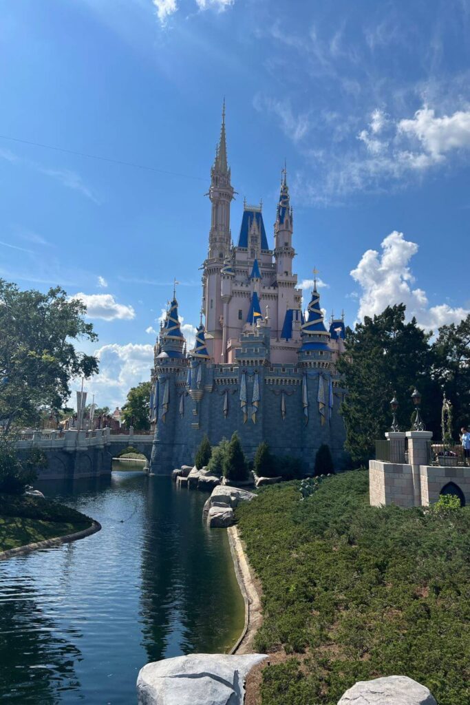Photo of Cinderella's Castle from the side with a moat in the foreground.