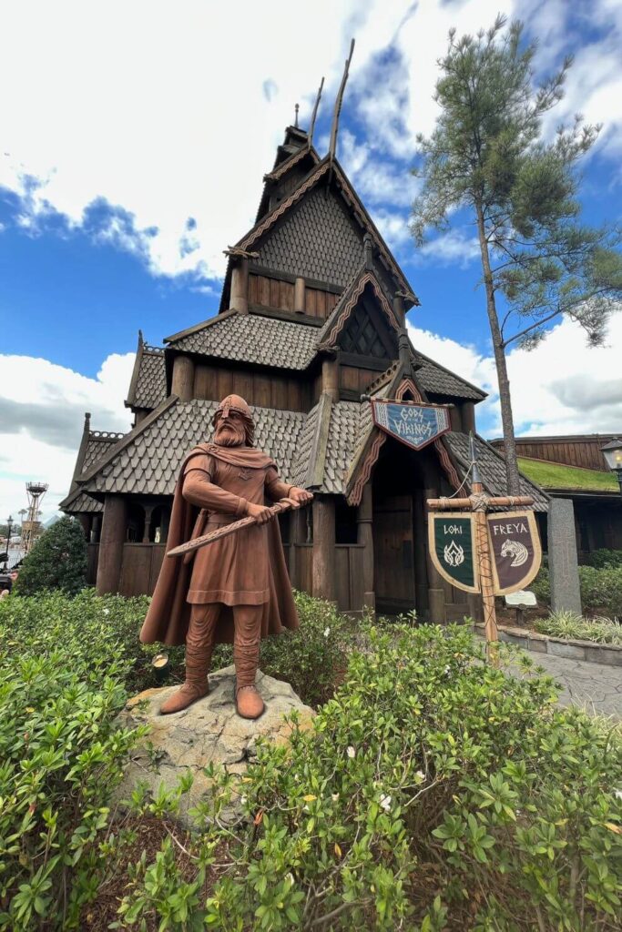Photo of the exterior of the Stave Church Gallery in the Norway pavilion at Epcot.