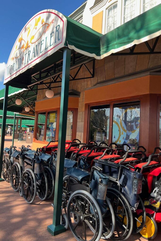 Photo of a stack of wheelchairs and strollers at Epcot's International Gateway World Traveler store.