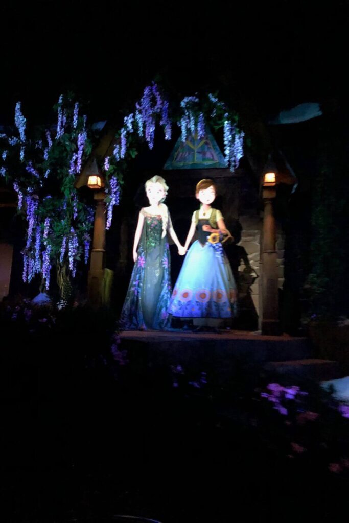 Photo of Anna and Elsa in the Frozen Ever After ride at Epcot.