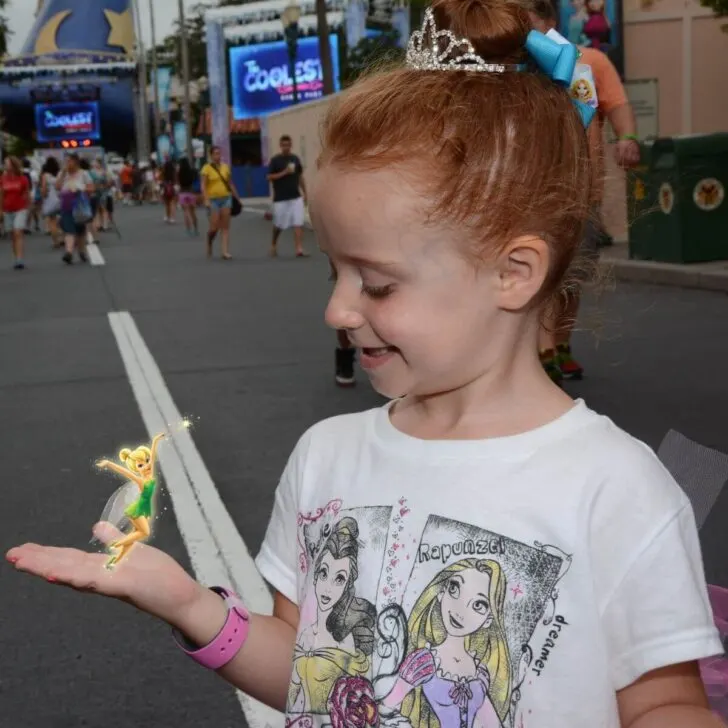 Photo of a young girl in a princess shirt and tiara, looking at Tinkerbell in her hand.