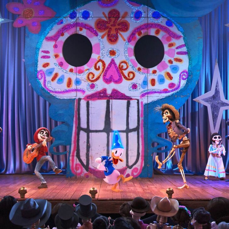 Photo of scene featuring characters from Pixar's Coco in Mickey's PhilharMagic show at Magic Kingdom.