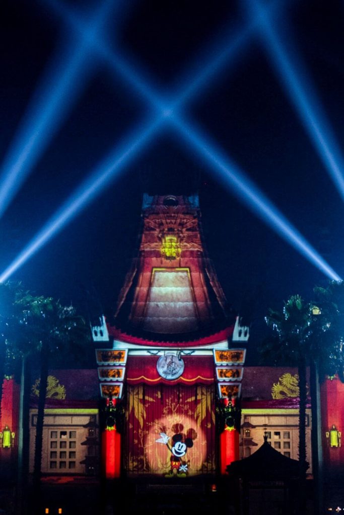 Photo of a scene from the Wonderful World of Animation nighttime show featuring Mickey Mouse at Hollywood Studios.