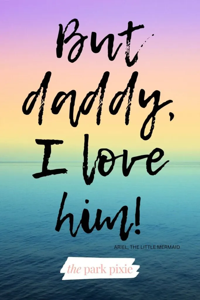 Graphic with a photo of a calm sea with a rainbow overlay on the sky. Text reads: But Daddy, I love him!