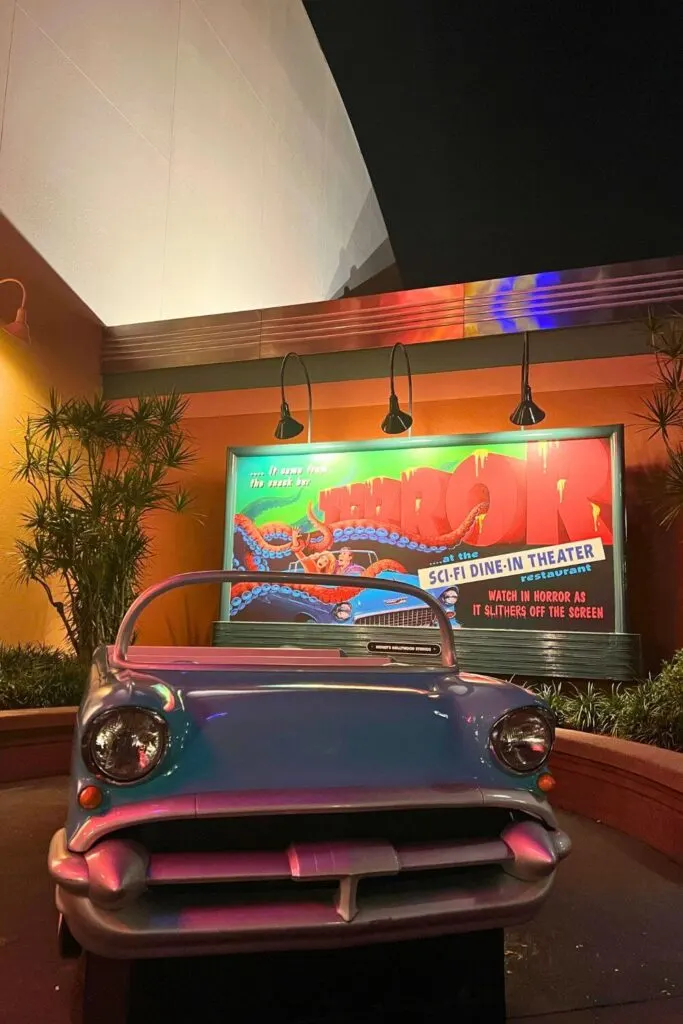 Photo of a classic convertible photo-op outside the Sci-Fi Dine-in Theater restaurant at Commissary Lane in Hollywood Studios.