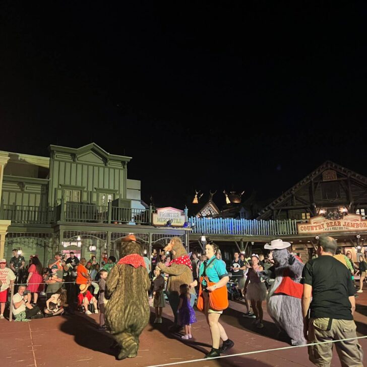 Photo of the country bears and cast members gathering participants for their costume parade while guests wait for the Boo-to-You parade to begin.