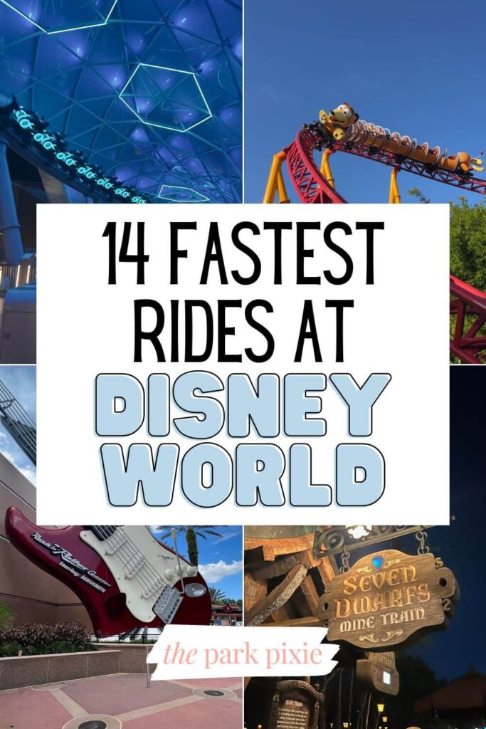 Graphic with a grid of 4 vertical photos (L-R clockwise): Tron Lightcycle Run, Slinky Dog Dash, Seven Dwarfs Mine Train, and Rock 'n' Roller Coaster.