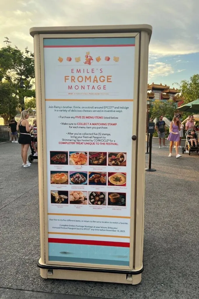 Photo of signage for Emile's Fromage Montage food scavenger hunt at Epcot's Food and Wine Festival.