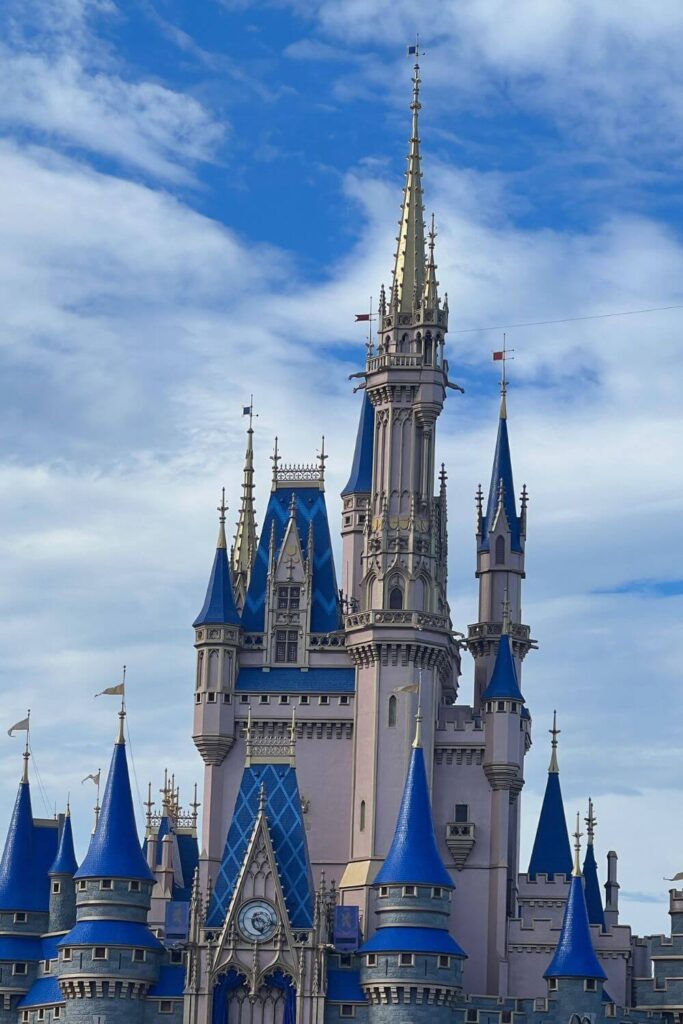 Photo of Cinderella's Castle during the day with cloudy skies behind it.