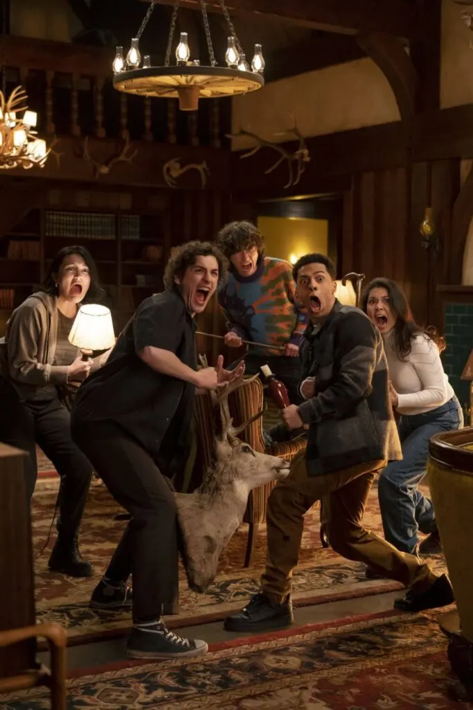 The main cast of Goosebumps, played by Isa Briones, Will Price, Miles McKenna, Zack Morris, and Ana Yi Puig, in a scene from the episode, "Give Yourself Goosebumps."