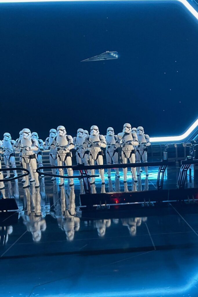Photo of a group of stormtroopers lined up in one of the pre-show rooms on Rise of the Resistance at Disney World's Hollywood Studios.