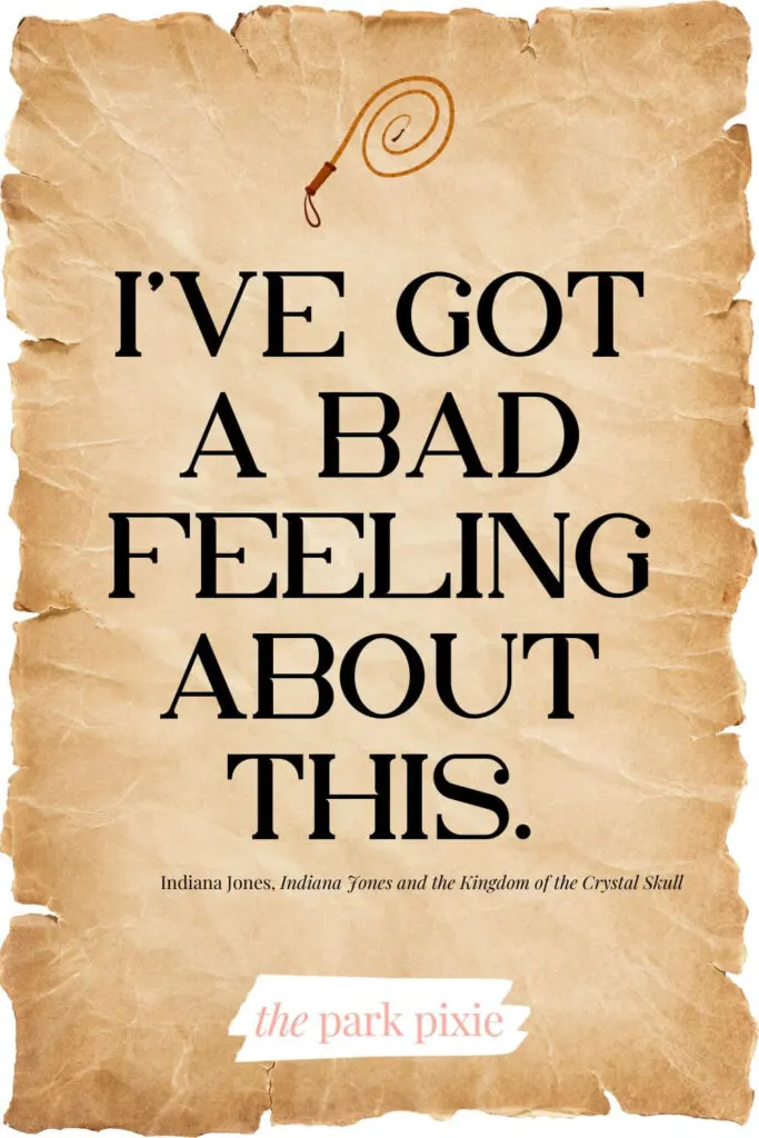 Graphic with a torn brown paper background and a picture of a whip. Text includes the infamous Indiana Jones line: I've got a bad feeling about this.