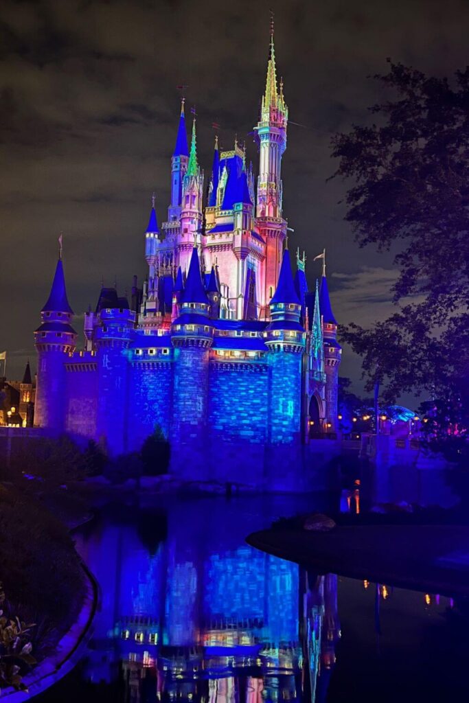 Photo of Cinderella's Castle from the side at night, as it reflects in the moat below it.