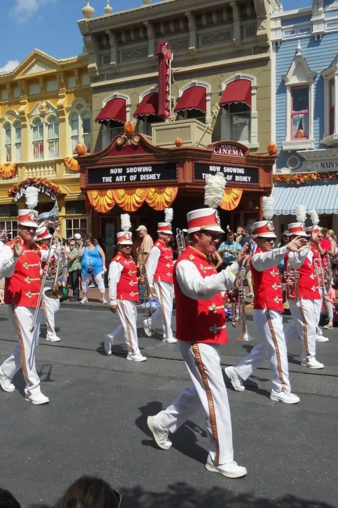 Photo of the marching band section of the Festival of Fantasy parade on Main Street.