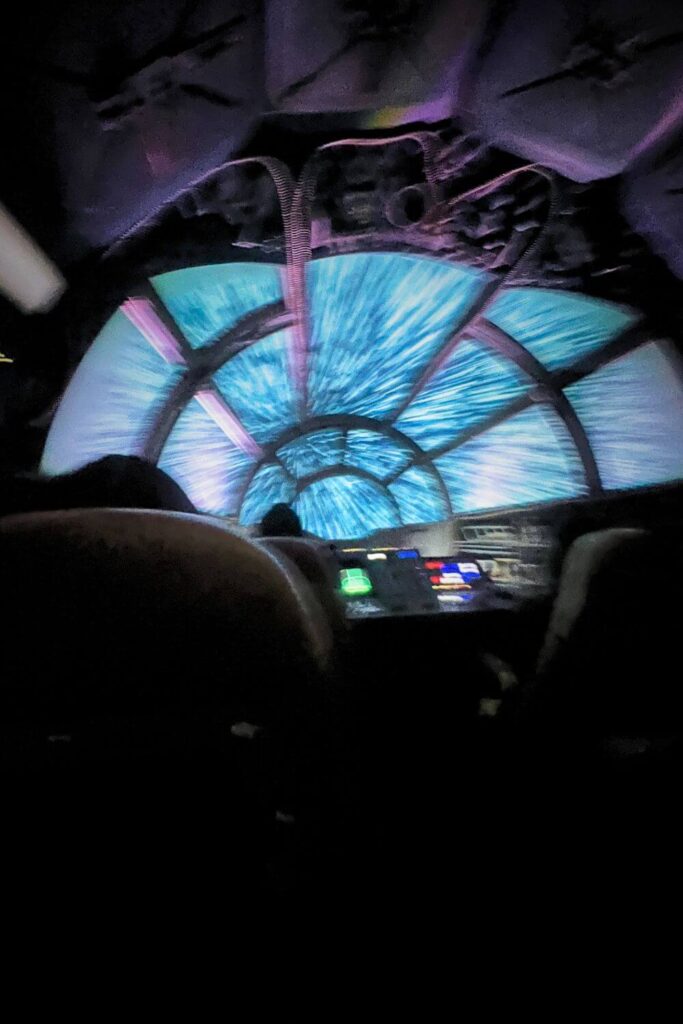 Photo of a scene in the Millennium Falcon: Smuggler's Run ride that emulates hyperdrive mode.