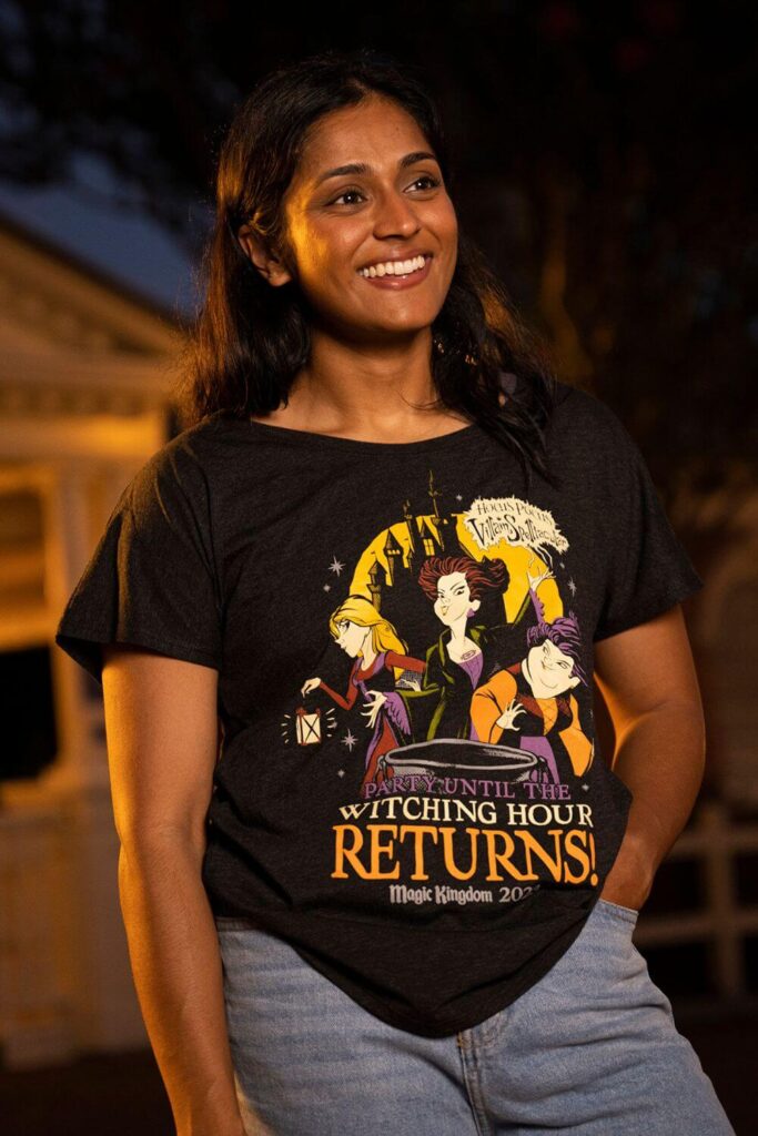 Photo of MNSSHP merchandise featuring a tshirt with the Sanderson Sisters.