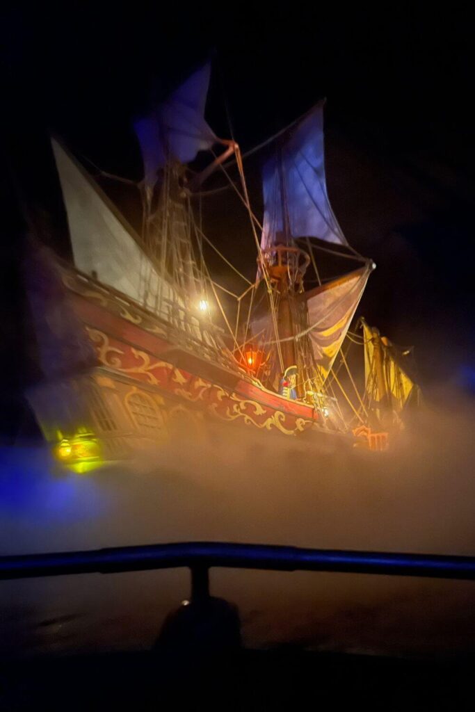 Photo of a huge pirate ship on the Pirates of the Caribbean ride at Magic Kingdom.