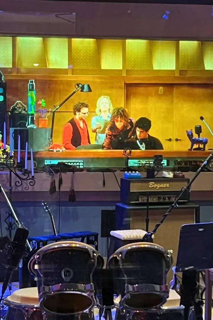 Photo of the pre-show recording studio scene for Rock 'n' Roller Coaster featuring Aerosmith.