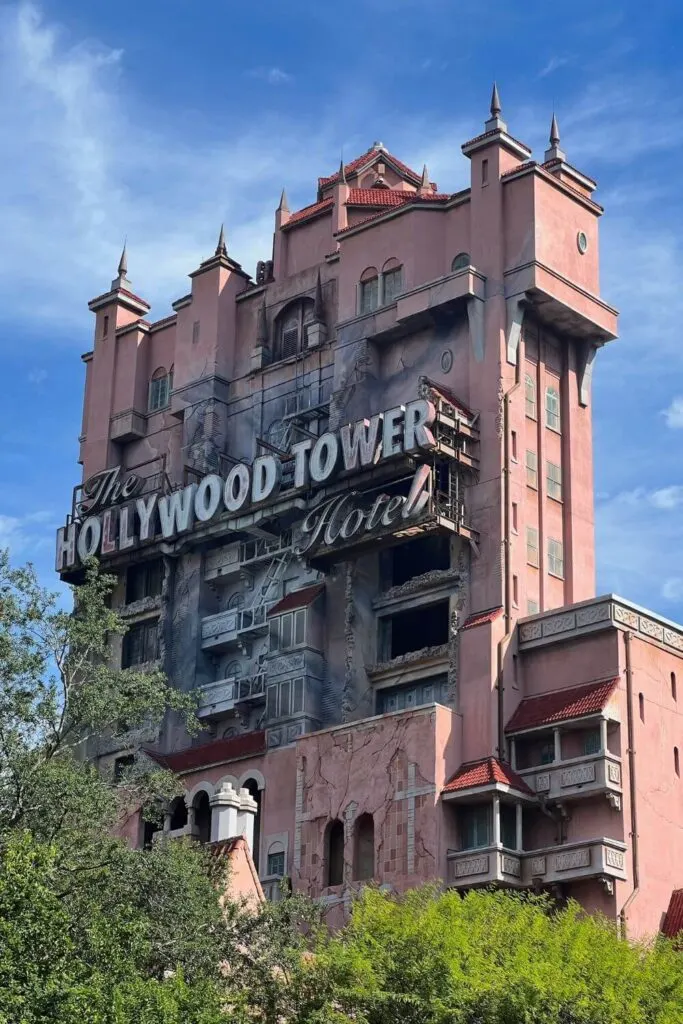 Photo of the Hollywood Tower Hotel building at Hollywood Studios, home to the Twilight Zone Tower of Terror ride.