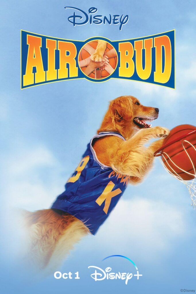Promotional poster for the Disney movie Air Bud featuring a golden retriever dog playing basketball.