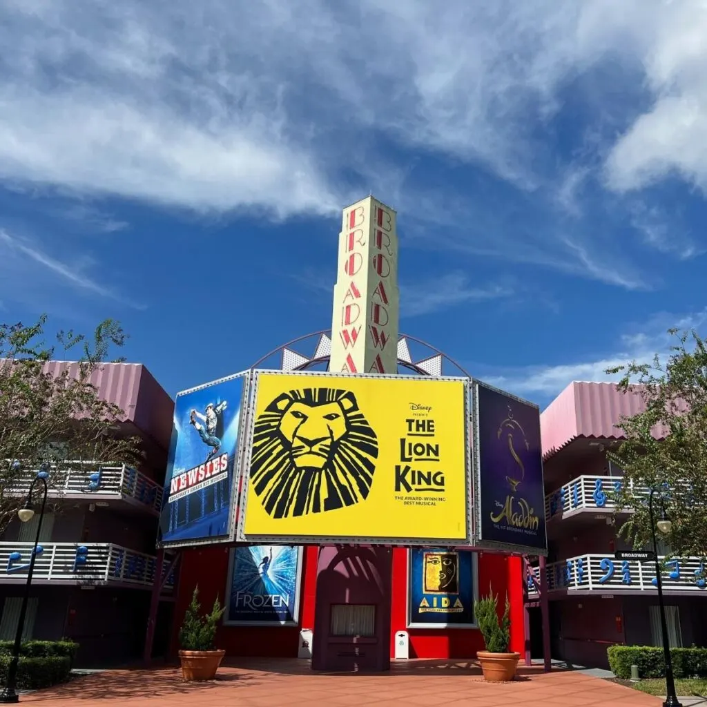 Photo of a sign for The Lion King on Broadway at All-Star Music Resort in Disney World.